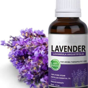 Lavender essential oil bottle with lavender flowers